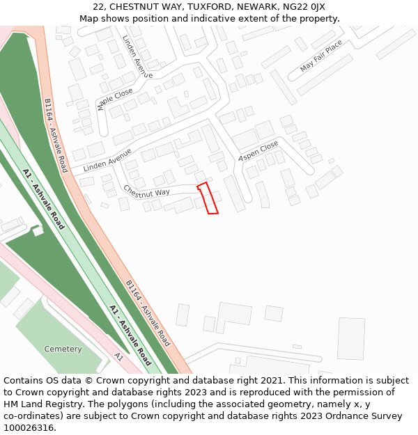 22, CHESTNUT WAY, TUXFORD, NEWARK, NG22 0JX: Location map and indicative extent of plot