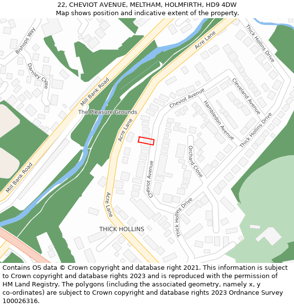 22, CHEVIOT AVENUE, MELTHAM, HOLMFIRTH, HD9 4DW: Location map and indicative extent of plot