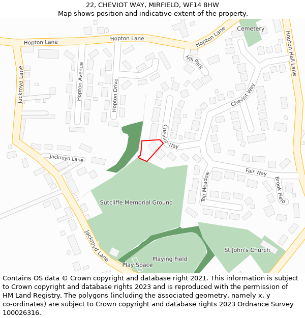 22, CHEVIOT WAY, MIRFIELD, WF14 8HW: Location map and indicative extent of plot