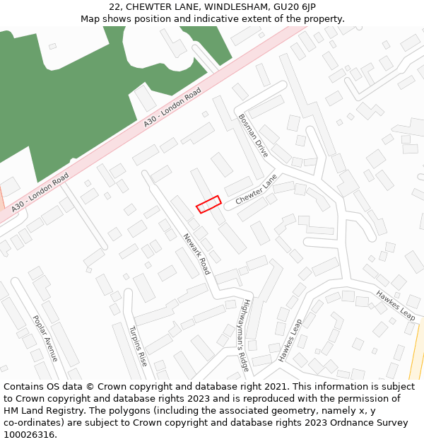 22, CHEWTER LANE, WINDLESHAM, GU20 6JP: Location map and indicative extent of plot