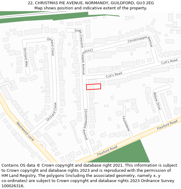 22, CHRISTMAS PIE AVENUE, NORMANDY, GUILDFORD, GU3 2EG: Location map and indicative extent of plot