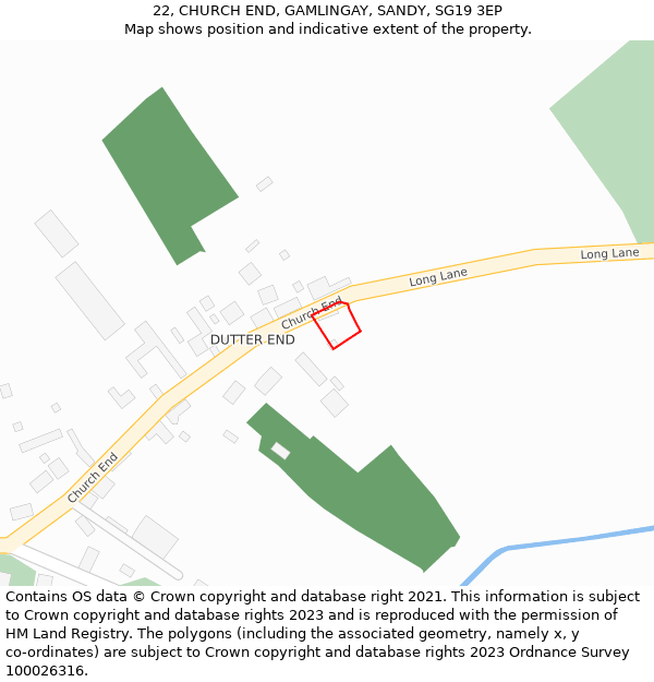 22, CHURCH END, GAMLINGAY, SANDY, SG19 3EP: Location map and indicative extent of plot