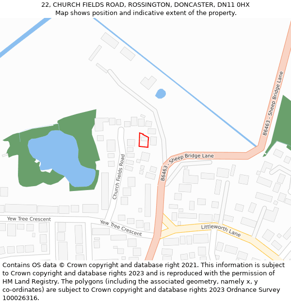 22, CHURCH FIELDS ROAD, ROSSINGTON, DONCASTER, DN11 0HX: Location map and indicative extent of plot