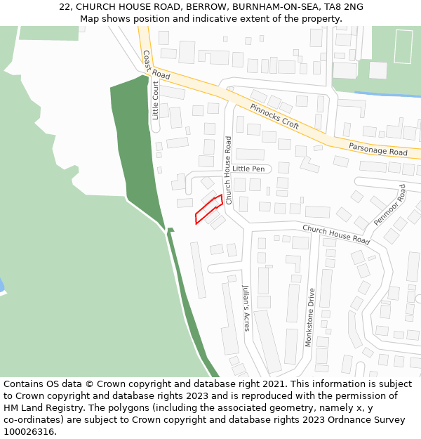 22, CHURCH HOUSE ROAD, BERROW, BURNHAM-ON-SEA, TA8 2NG: Location map and indicative extent of plot