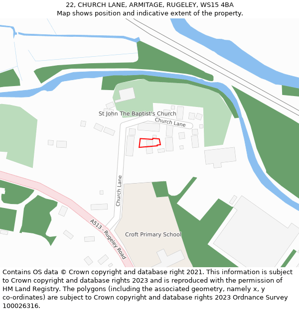 22, CHURCH LANE, ARMITAGE, RUGELEY, WS15 4BA: Location map and indicative extent of plot