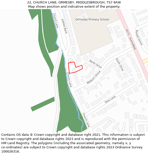 22, CHURCH LANE, ORMESBY, MIDDLESBROUGH, TS7 9AW: Location map and indicative extent of plot