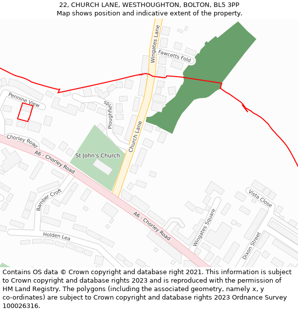 22, CHURCH LANE, WESTHOUGHTON, BOLTON, BL5 3PP: Location map and indicative extent of plot