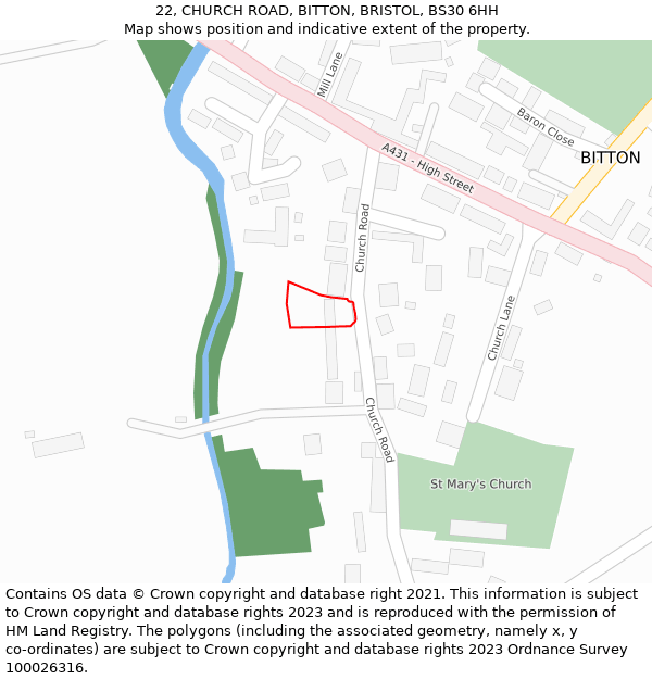 22, CHURCH ROAD, BITTON, BRISTOL, BS30 6HH: Location map and indicative extent of plot