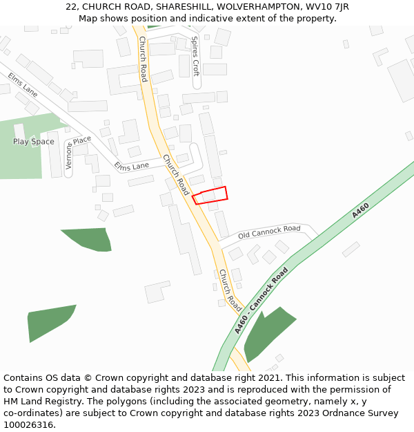 22, CHURCH ROAD, SHARESHILL, WOLVERHAMPTON, WV10 7JR: Location map and indicative extent of plot