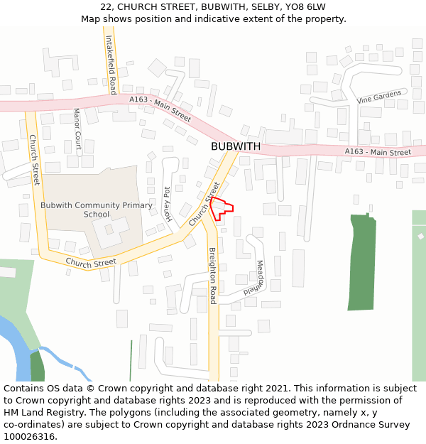 22, CHURCH STREET, BUBWITH, SELBY, YO8 6LW: Location map and indicative extent of plot