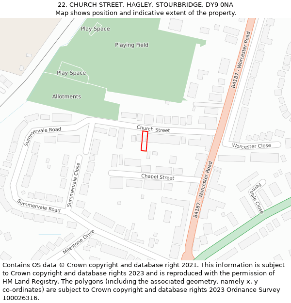 22, CHURCH STREET, HAGLEY, STOURBRIDGE, DY9 0NA: Location map and indicative extent of plot