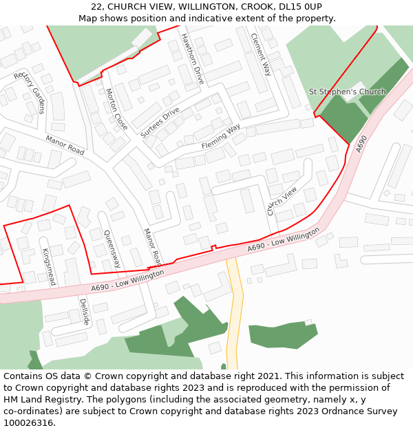 22, CHURCH VIEW, WILLINGTON, CROOK, DL15 0UP: Location map and indicative extent of plot