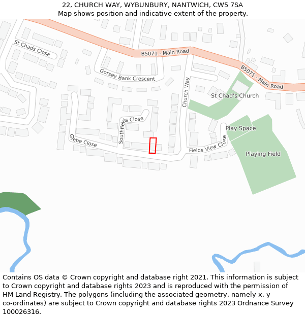 22, CHURCH WAY, WYBUNBURY, NANTWICH, CW5 7SA: Location map and indicative extent of plot