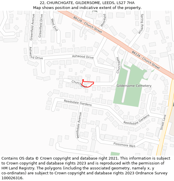 22, CHURCHGATE, GILDERSOME, LEEDS, LS27 7HA: Location map and indicative extent of plot