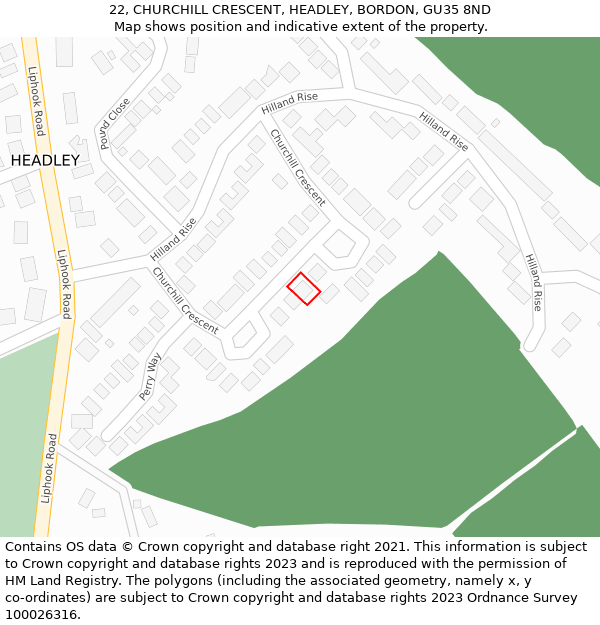 22, CHURCHILL CRESCENT, HEADLEY, BORDON, GU35 8ND: Location map and indicative extent of plot