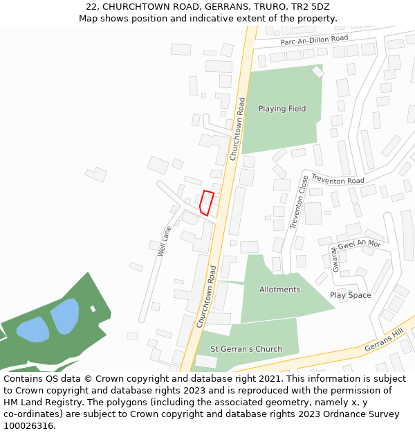 22, CHURCHTOWN ROAD, GERRANS, TRURO, TR2 5DZ: Location map and indicative extent of plot