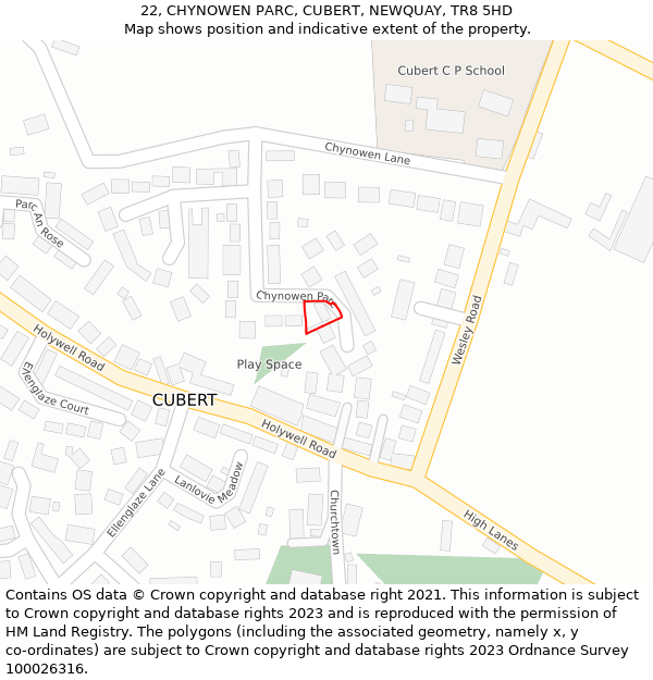 22, CHYNOWEN PARC, CUBERT, NEWQUAY, TR8 5HD: Location map and indicative extent of plot