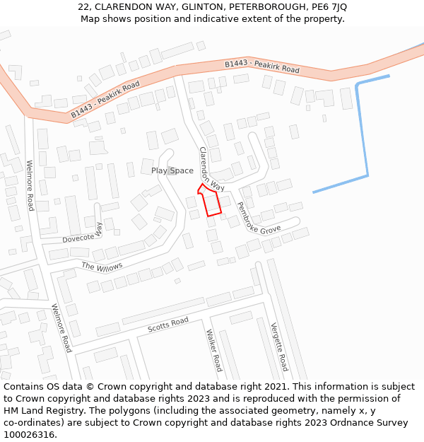 22, CLARENDON WAY, GLINTON, PETERBOROUGH, PE6 7JQ: Location map and indicative extent of plot