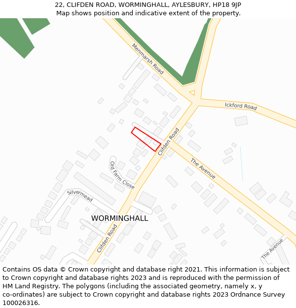 22, CLIFDEN ROAD, WORMINGHALL, AYLESBURY, HP18 9JP: Location map and indicative extent of plot