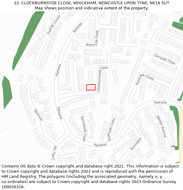 22, CLOCKBURNSYDE CLOSE, WHICKHAM, NEWCASTLE UPON TYNE, NE16 5UT: Location map and indicative extent of plot