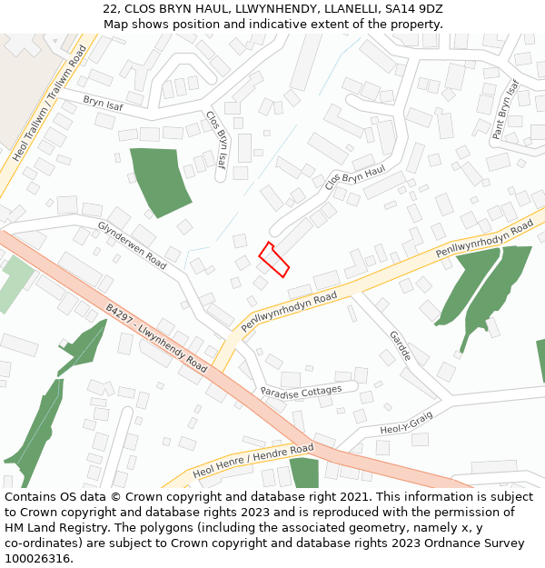 22, CLOS BRYN HAUL, LLWYNHENDY, LLANELLI, SA14 9DZ: Location map and indicative extent of plot