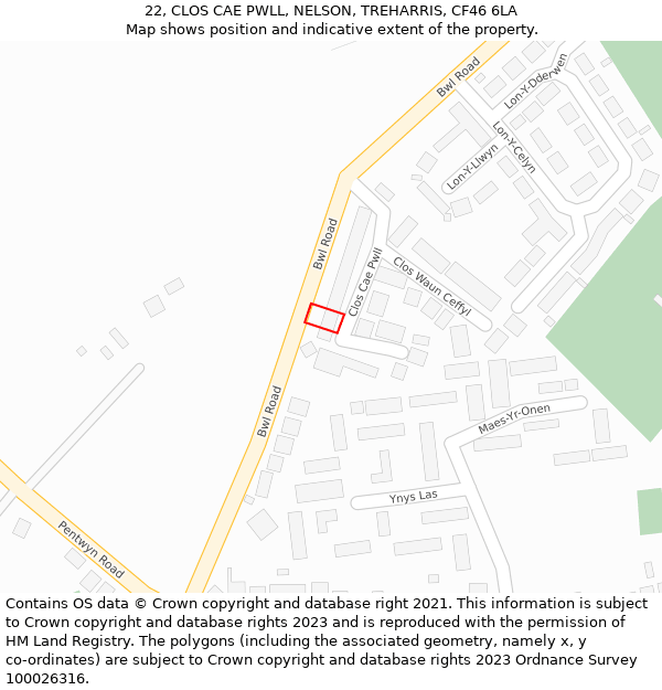 22, CLOS CAE PWLL, NELSON, TREHARRIS, CF46 6LA: Location map and indicative extent of plot