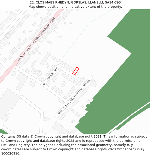 22, CLOS MAES RHEDYN, GORSLAS, LLANELLI, SA14 6SG: Location map and indicative extent of plot