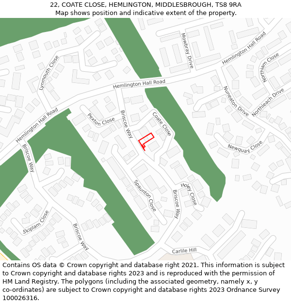 22, COATE CLOSE, HEMLINGTON, MIDDLESBROUGH, TS8 9RA: Location map and indicative extent of plot