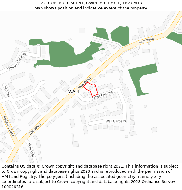 22, COBER CRESCENT, GWINEAR, HAYLE, TR27 5HB: Location map and indicative extent of plot