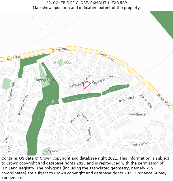 22, COLERIDGE CLOSE, EXMOUTH, EX8 5SP: Location map and indicative extent of plot