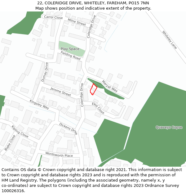 22, COLERIDGE DRIVE, WHITELEY, FAREHAM, PO15 7NN: Location map and indicative extent of plot
