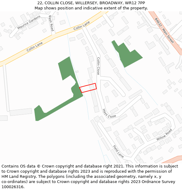 22, COLLIN CLOSE, WILLERSEY, BROADWAY, WR12 7PP: Location map and indicative extent of plot