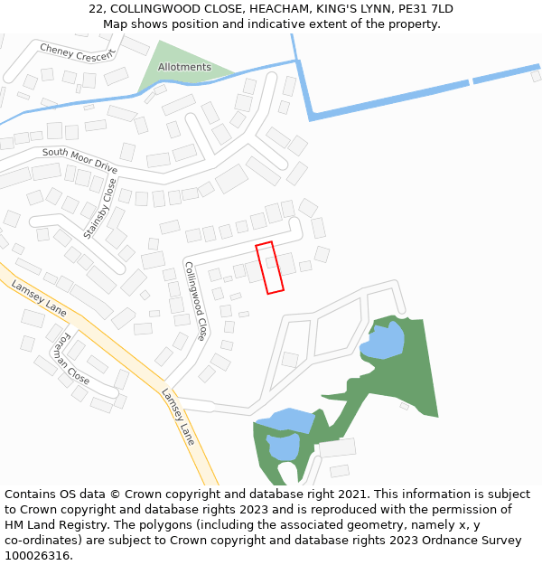 22, COLLINGWOOD CLOSE, HEACHAM, KING'S LYNN, PE31 7LD: Location map and indicative extent of plot