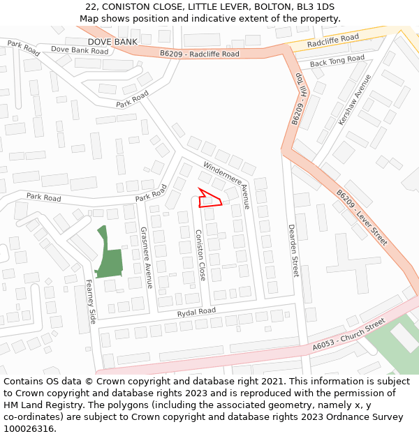 22, CONISTON CLOSE, LITTLE LEVER, BOLTON, BL3 1DS: Location map and indicative extent of plot