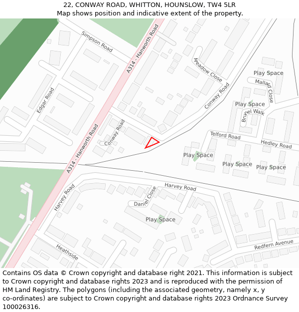 22, CONWAY ROAD, WHITTON, HOUNSLOW, TW4 5LR: Location map and indicative extent of plot