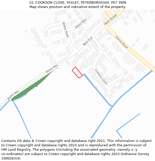 22, COOKSON CLOSE, YAXLEY, PETERBOROUGH, PE7 3WN: Location map and indicative extent of plot