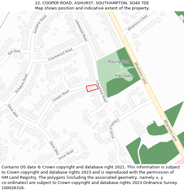 22, COOPER ROAD, ASHURST, SOUTHAMPTON, SO40 7DE: Location map and indicative extent of plot