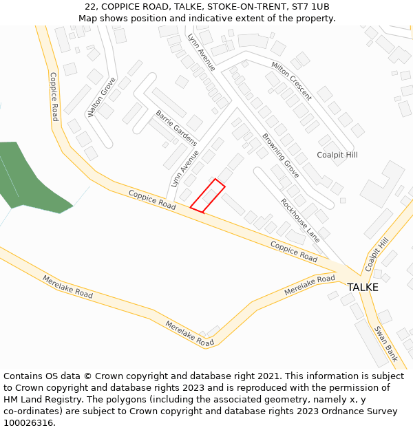 22, COPPICE ROAD, TALKE, STOKE-ON-TRENT, ST7 1UB: Location map and indicative extent of plot