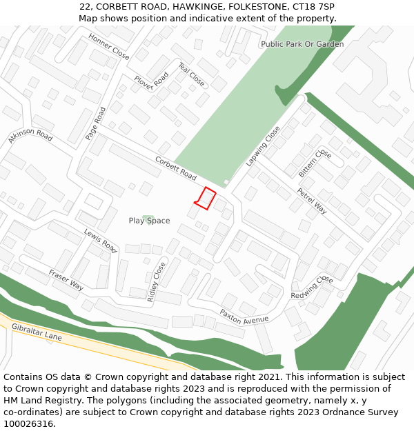 22, CORBETT ROAD, HAWKINGE, FOLKESTONE, CT18 7SP: Location map and indicative extent of plot