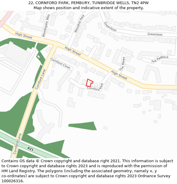 22, CORNFORD PARK, PEMBURY, TUNBRIDGE WELLS, TN2 4PW: Location map and indicative extent of plot