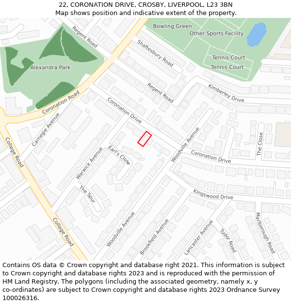 22, CORONATION DRIVE, CROSBY, LIVERPOOL, L23 3BN: Location map and indicative extent of plot