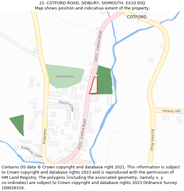 22, COTFORD ROAD, SIDBURY, SIDMOUTH, EX10 0SQ: Location map and indicative extent of plot