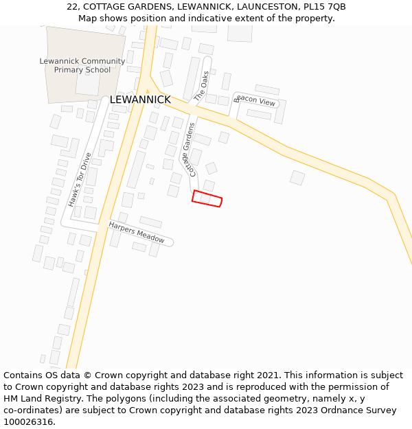 22, COTTAGE GARDENS, LEWANNICK, LAUNCESTON, PL15 7QB: Location map and indicative extent of plot