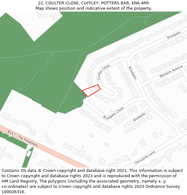 22, COULTER CLOSE, CUFFLEY, POTTERS BAR, EN6 4RR: Location map and indicative extent of plot