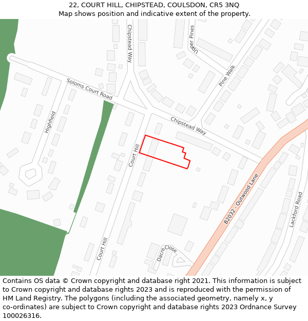 22, COURT HILL, CHIPSTEAD, COULSDON, CR5 3NQ: Location map and indicative extent of plot