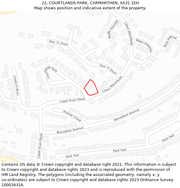 22, COURTLANDS PARK, CARMARTHEN, SA31 1EH: Location map and indicative extent of plot