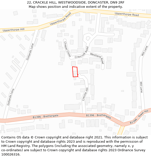 22, CRACKLE HILL, WESTWOODSIDE, DONCASTER, DN9 2RF: Location map and indicative extent of plot