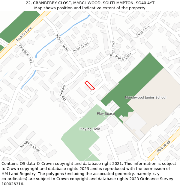 22, CRANBERRY CLOSE, MARCHWOOD, SOUTHAMPTON, SO40 4YT: Location map and indicative extent of plot