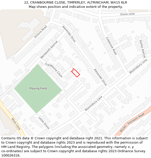 22, CRANBOURNE CLOSE, TIMPERLEY, ALTRINCHAM, WA15 6LR: Location map and indicative extent of plot