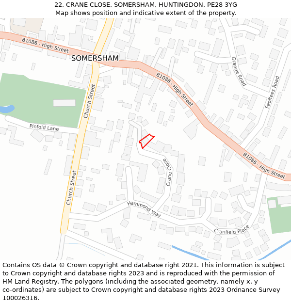 22, CRANE CLOSE, SOMERSHAM, HUNTINGDON, PE28 3YG: Location map and indicative extent of plot